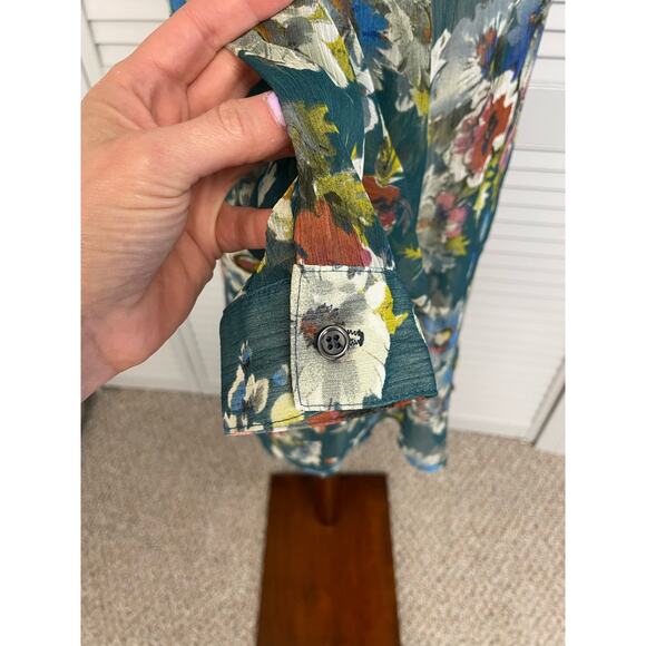 Kut From the Kloth green floral sheer button down convertible sleeve blouse med - Picture 7 of 8